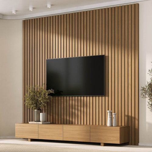 Rack com Painel Ripado para TV até 86 Polegadas 240cmx230cm Liso Aruá CabeCasa MadeiraOriginals Marrom Jatobá Jatoba