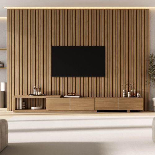 Rack com Painel Ripado Extensível para TV até 86 Polegadas 320cmx230cm Liso Aruá CabeCasa MadeiraOriginals Marrom Jatobá Jatoba