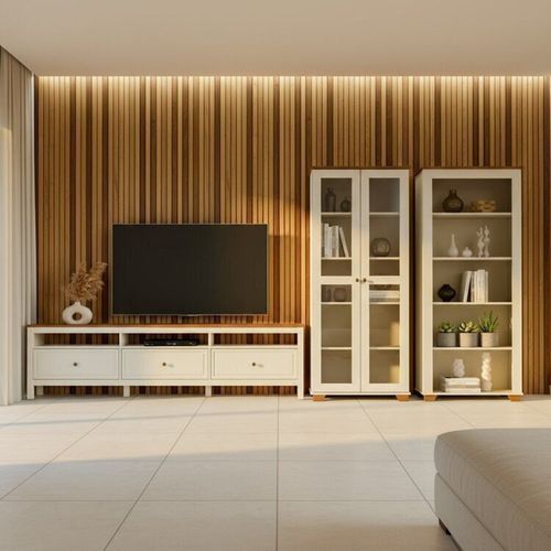 Conjunto de Sala 3 Peças Rack, Estante e Cristaleira Madeira Maciça Ananda CabeCasa MadeiraOriginals Branco Off White/Mel Off White/Mel