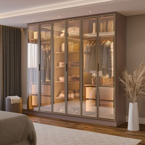 Guarda-roupa 6 Portas Reflecta com Led 100% Mdf Orion CabeCasa MadeiraOriginals Mocha