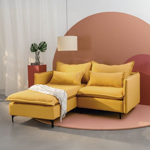Sofá Modular 2 Lugares com Chaise e Pé Metal Sôma CabeCasa MadeiraOriginals Amarelo Mostarda Mostarda