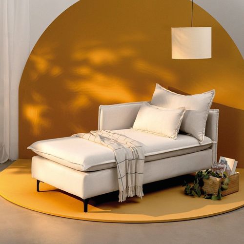 Sofá Modular Chaise Braço Lateral com Pé Metal Sôma CabeCasa MadeiraOriginals Bege Natural Linho Natural