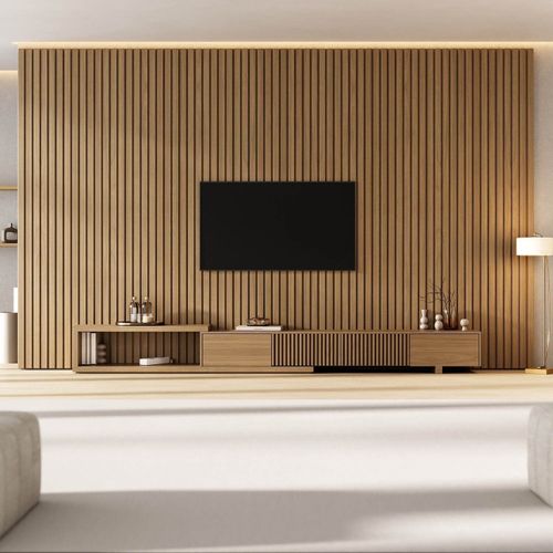 Rack com Painel Ripado Extensível para TV até 86 Polegadas 400cmx230cm Aruá CabeCasa MadeiraOriginals Marrom Jatobá Jatoba