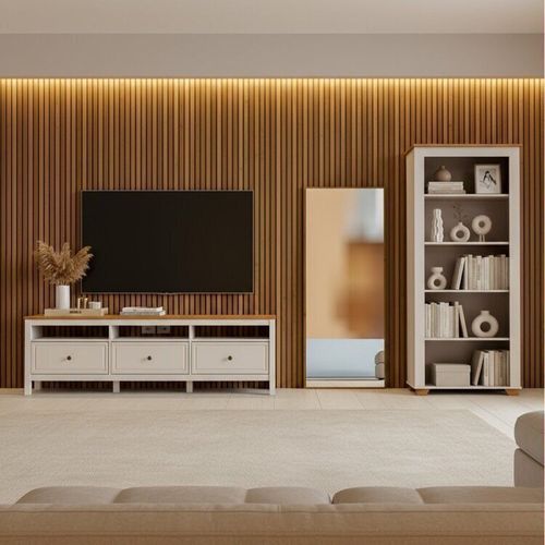 Conjunto de Sala 3 Peças com Rack, Estante e 1 Espelho Ananda CabeCasa MadeiraOriginals Branco Off White/Mel Off White/Mel