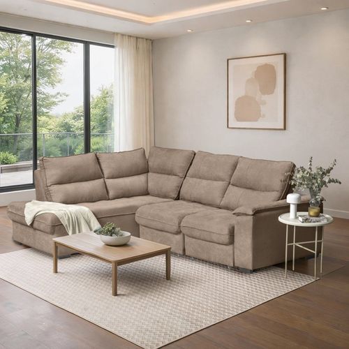 Sofá de Canto Retrátil Chaise Lado Direito 4 Lugares Nest CabeCasa MadeiraOriginals Bege Bege