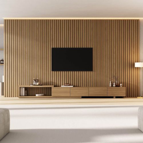 Rack com Painel Ripado Extensível para TV até 86 Polegadas 400cmx230cm Liso Aruá CabeCasa MadeiraOriginals Marrom Jatobá Jatoba