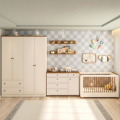Quarto de Bebê Berço com Colchão Cômoda e Guarda-roupa Baby Ananda Casatema OffWhite/Mel