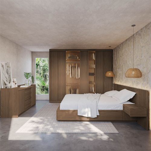Kit Guarda Roupas 7 Portas, Cama Casal/Queen com LED e Cômoda Seringal CabeCasa MadeiraOriginals Nogal