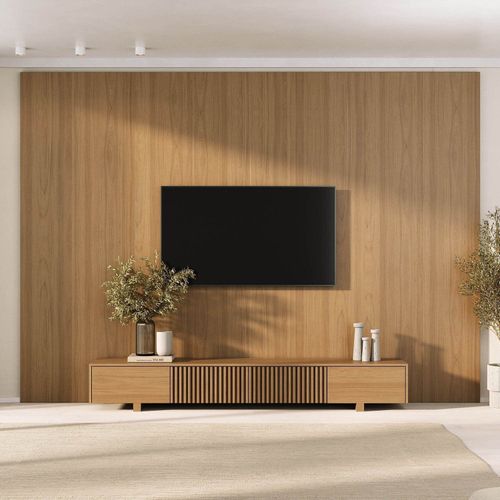 Rack com Painel Ripado para TV até 86 Polegadas 320cmx250cm Aruá CabeCasa MadeiraOriginals Marrom Jatobá Jatoba