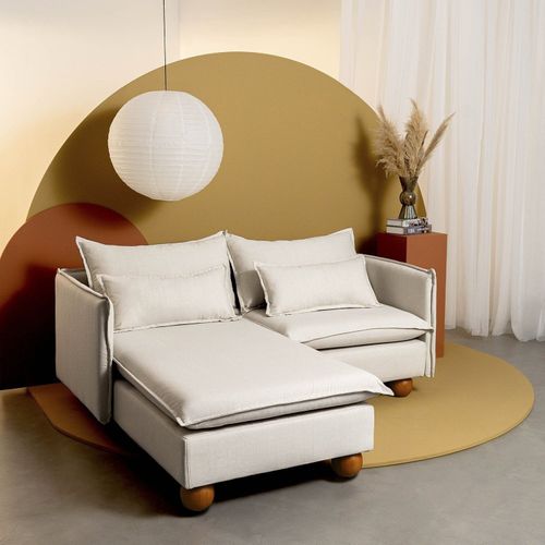 Sofá Modular 2 Lugares com Chaise e Pé Bolinha Sôma CabeCasa MadeiraOriginals Bege Natural Natural