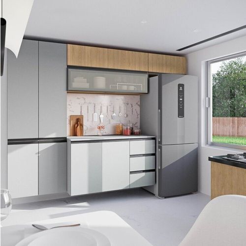 Cozinha Modulada 5 Peças 3 Aéreos 1 Balcão 1 Paneleiro Nara CabeCasa MadeiraOriginals Avena/Cinza Claro