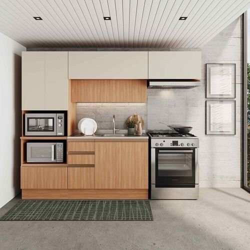 Cozinha Modulada 4 Peças com Armários, Balcão e Torre Quente Aroeira CabeCasa MadeiraOriginals Cinza Sereno/Cedro