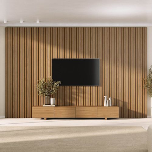 Rack com Painel Ripado para TV até 86 Polegadas 360cmx250cm Liso Aruá CabeCasa MadeiraOriginals Marrom Jatobá Jatoba