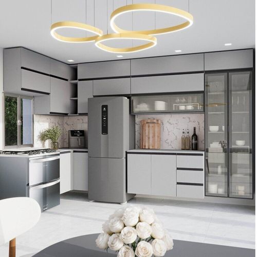 Cozinha Modulada 15 Peças 11 Aéreos 3 Balcões 1 Cristaleira Nara CabeCasa MadeiraOriginals Cinza Claro