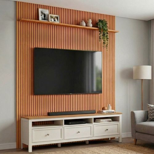 Rack com Painel Ripado TV até 75 Polegadas Maciça Aloe Ananda CabeCasa Madeira Originals Marrom Nature/Off White nature / Off white
