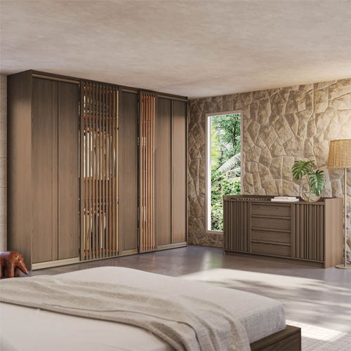 Kit Guarda Roupas 7 Portas com LED e Cômoda Seringal CabeCasa MadeiraOriginals Nogal