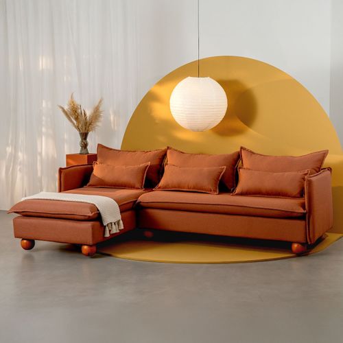 Sofá Modular 3 Lugares com Chaise e Pé Bolinha Sôma CabeCasa MadeiraOriginals Marrom Mocha Mousse Mocha Mousse