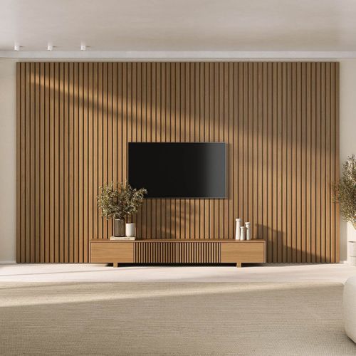 Rack com Painel Ripado para TV até 86 Polegadas 400cmx230cm Aruá CabeCasa MadeiraOriginals Marrom Jatobá Jatoba