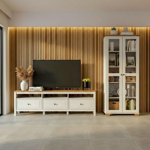 Conjunto de Sala 2 Peças com Rack e 1 Cristaleira Ananda CabeCasa MadeiraOriginals Branco Off White/Mel Off White/Mel
