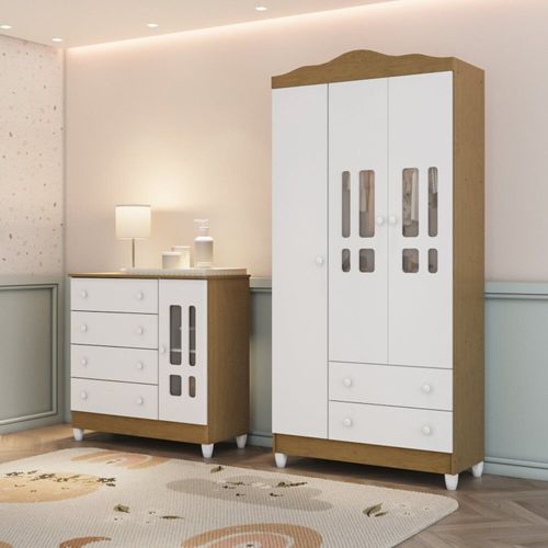 Conjunto Quarto Bebê Guarda Roupa Ariel 3 Portas Cômoda 4 Gavetas 1 Porta-100% Mdf Branco com Bétula Branco com Bétula