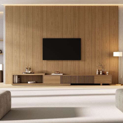 Rack com Painel Ripado Extensível para TV até 86 Polegadas 360cmx230cm Aruá CabeCasa MadeiraOriginals Marrom Jatobá Jatoba