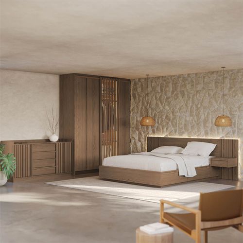 Kit Guarda Roupas 4 Portas, Cama Casal/Queen com LED e Cômoda Seringal CabeCasa MadeiraOriginals Nogal