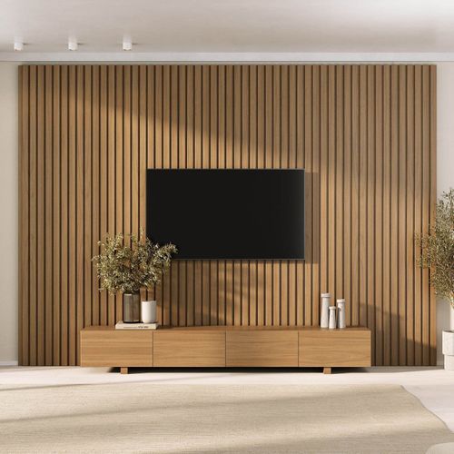 Rack com Painel Ripado para TV até 86 Polegadas 320cmx250cm Liso Aruá CabeCasa MadeiraOriginals Marrom Jatobá Jatoba