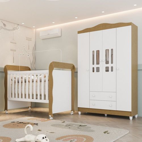 Conjunto Quarto Bebê Berço Mini Cama Mirelle Guarda Roupa 4 Portas 100% Mdf Branco/ Bétula