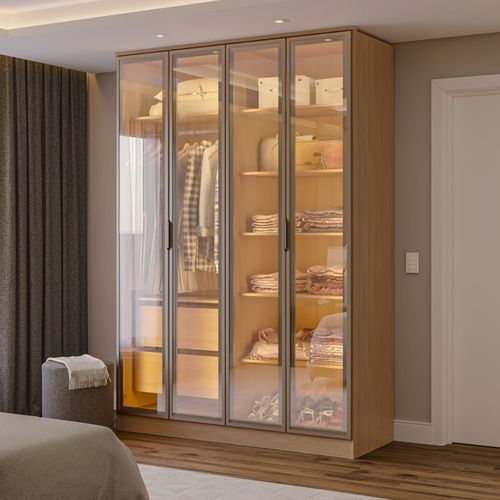 Guarda-roupa 4 Portas Reflecta com Led 100% Mdf Orion CabeCasa MadeiraOriginals Olmo/Reflecta