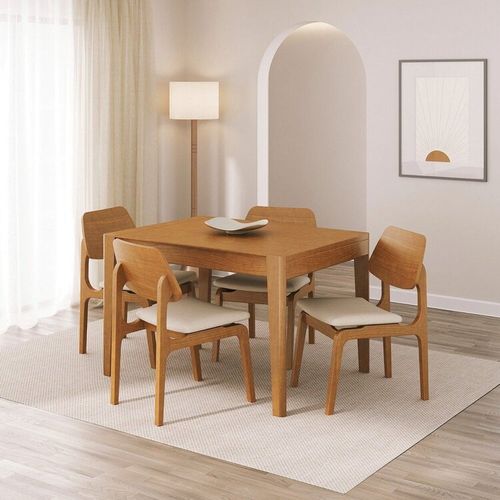 Kit Mesa de Jantar Extensível Retangular Tarsila e 4 Cadeiras Jandaia CabeCasa MadeiraOriginals Champagne/Bege