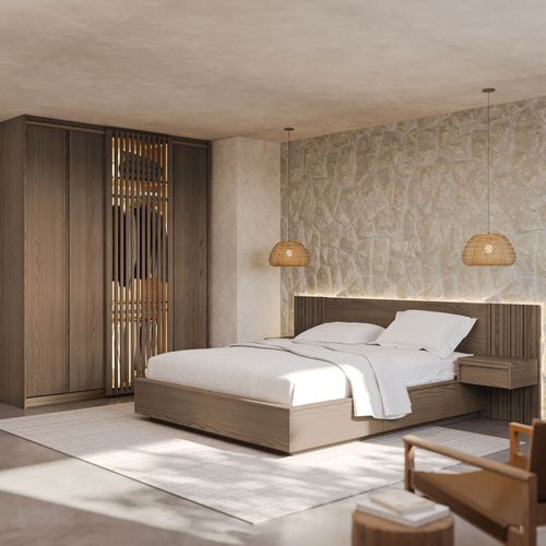 Kit Guarda Roupas 4 Portas e Cama Casal/Queen com LED Seringal CabeCasa MadeiraOriginals Nogal