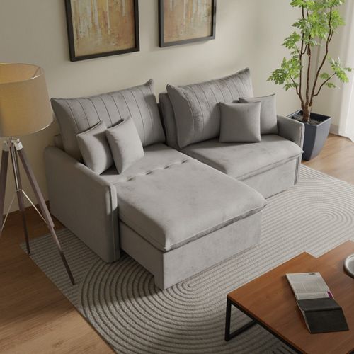 Sofá Cama Retrátil e Reclinável 220cm Colibri CabeCasa MadeiraOriginals Cinza Cinza