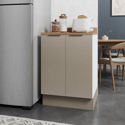 Balcão 2 Portas 60cm com Tampo com Rodapé Ipanema CabeCasa MadeiraOriginals Fendi Trama/Branco