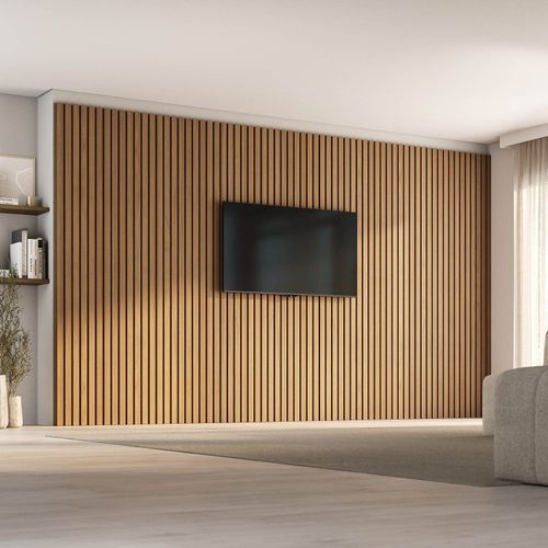 Painel Ripado para TV até 86 Polegadas 400cmx230cm Aruá CabeCasa MadeiraOriginals Marrom Jatobá Jatoba