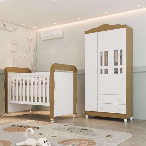 Conjunto Quarto Bebê Berço Mini Cama Mirelle Guarda Roupa 3 Portas 100% Mdf Mirelle Branco com Bétula