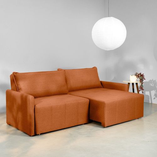 Sofá Cama Retrátil e Reclinável 3 Lugares 225cm em Linho Baraúna Cabecasa Madeiraoriginals Laranja Terracota Terracota