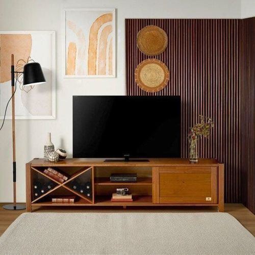 Rack para TV até 65 Polegadas 190cm Pés em Madeira Maciça Tvs 1 Porta com Adega Primavera CabeCasa MadeiraOriginals Marrom Marrom