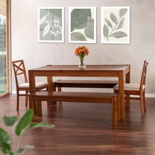 Conjunto Primavera Mesa de Jantar Madeira Maciça com 2 Cadeiras e 2 Bancos CabeCasa MadeiraOriginals Marrom