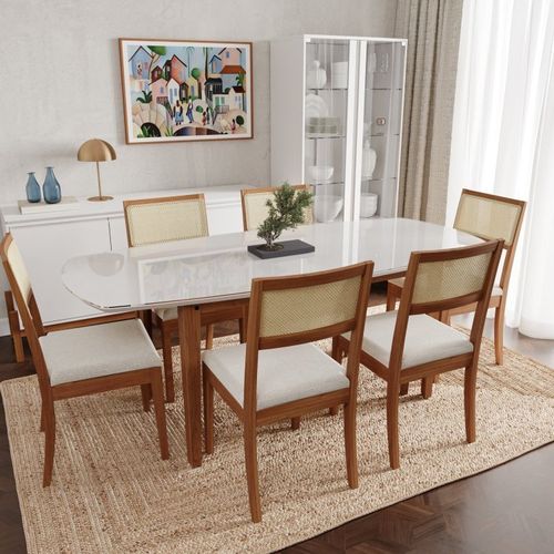Conjunto Mesa de Jantar Tampo Vidro e MDF 2,0m e 6 Cadeiras Tiê CabeCasa MadeiraOriginals Amendoa/Bege claro