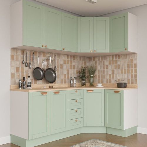 Cozinha Modulada 6 Peças com Tampo 3 Aéreos 6 Portas e 3 Balcões Arizona CabeCasa MadeiraOriginals Branco/Menta