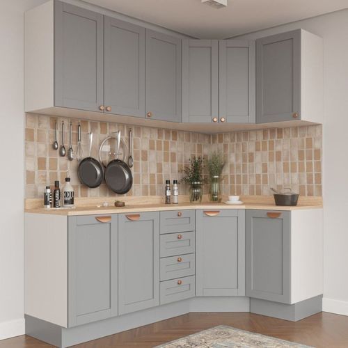 Cozinha Modulada 6 Peças com Tampo 3 Aéreos 6 Portas e 3 Balcões Arizona CabeCasa MadeiraOriginals Branco/Cinza