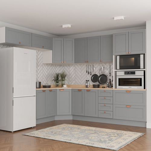 Cozinha Modulada 8 Peças 1 Tampo 4 Aéreos 3 Balcões e Torre Quente Arizona CabeCasa MadeiraOriginals Branco e Cinza