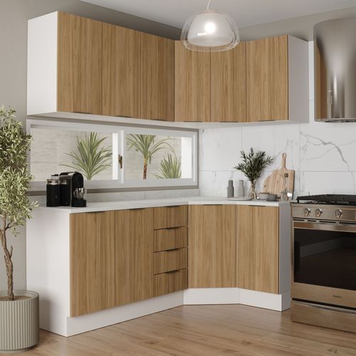 Cozinha Modulada 6 Peças com Tampo 3 Aéreos 6 Portas e 3 Balcões Ipanema CabeCasa MadeiraOriginals Acácia/Branco