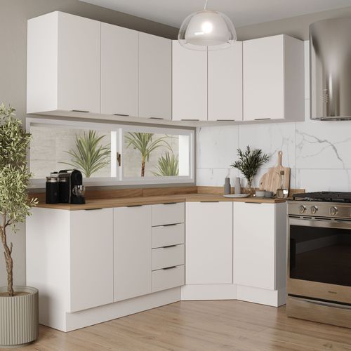 Cozinha Modulada 6 Peças com Tampo 3 Aéreos 6 Portas e 3 Balcões Ipanema CabeCasa MadeiraOriginals Branco