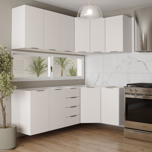 Cozinha Modulada 6 Peças sem Tampo 3 Aéreos 6 Portas e 3 Balcões Ipanema CabeCasa MadeiraOriginals Branco