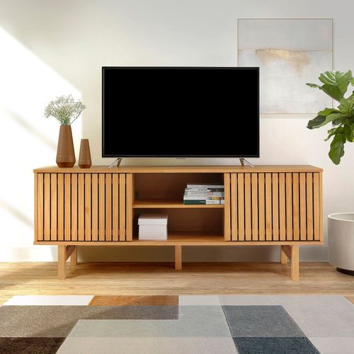 Rack para TV até 55 Polegadas Madeira Maciça 160cm Magna Porta Ripada CabeCasa MadeiraOriginals Be Marrom
