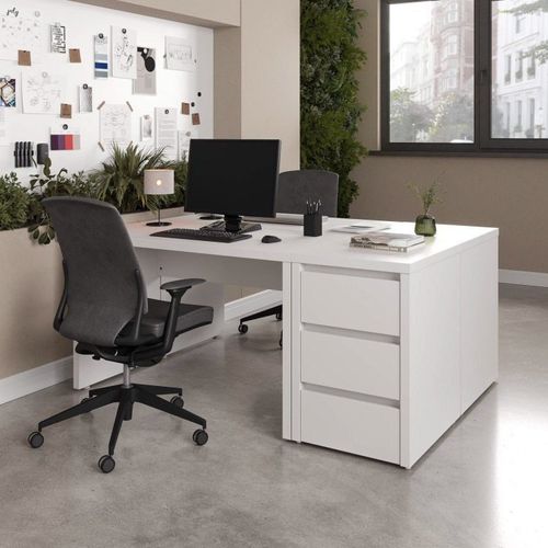 Conjunto Home Office 4 Peças 2 Mesas 2 Gaveteiros Ficus 6 Gavetas 170cm CabeCasa MadeiraOriginals Branco Branco