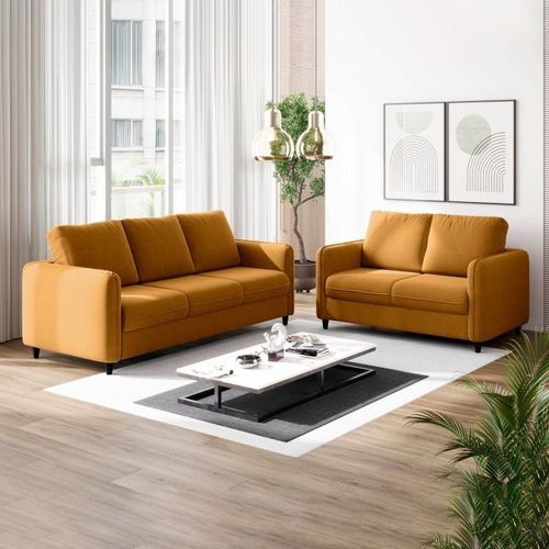 Conjunto Sofá com 2 e 3 Lugares em Veludo CabeCasa MadeiraOriginals Amarelo Amarelo