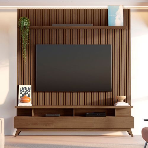 Rack com Painel Ripado para TV até 72 Polegadas 100% MDF 185,5cmx250cm Yucca CabeCasa MadeiraOriginals Marrom Cedro Cedro