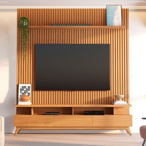 Rack com Painel Ripado para TV até 72 Polegadas 100% MDF 185,5cmx250cm Yucca CabeCasa MadeiraOriginals Bege Nature Nature